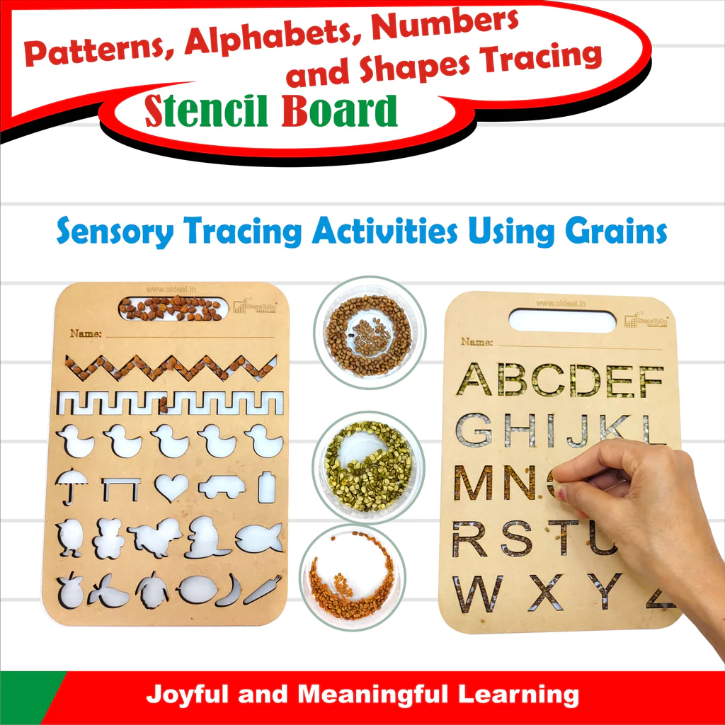 Montessori Wooden Stencil Boards Set of 4. Tracing Kit for Alphabet Letters, Shapes, Numbers, Patterns, Lines, Zig-Zags, Waves, Spirals and Shapes, Large and Small Letters Best Activity Kit All in One Kit With Accessories Size 8x6 Inches
