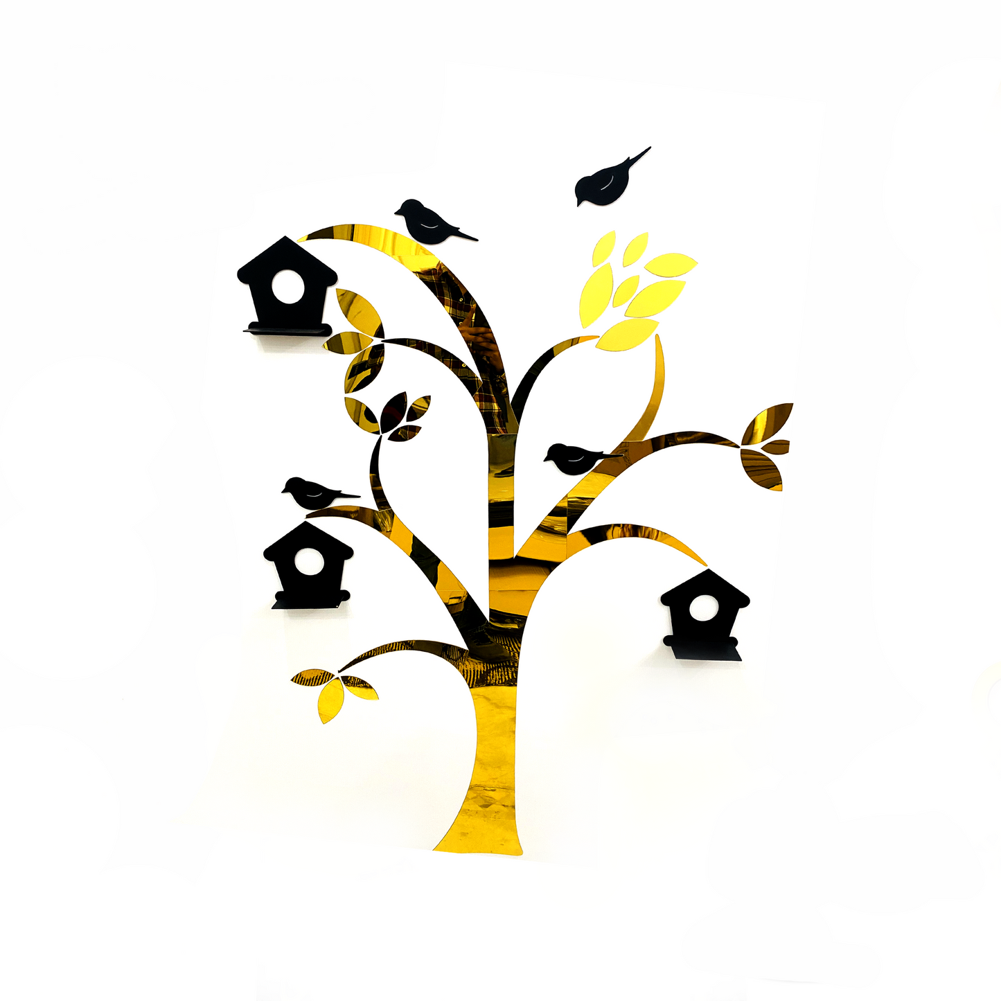 Acrylic Birds on Tree Wall Decor with Wooden Shelves – Large Size