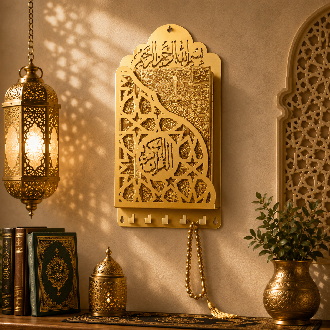 Premium Wall Mounted Metallic Quran Holder with Key Hooks | Islamic Wall Decor | Elegant Home Organizer