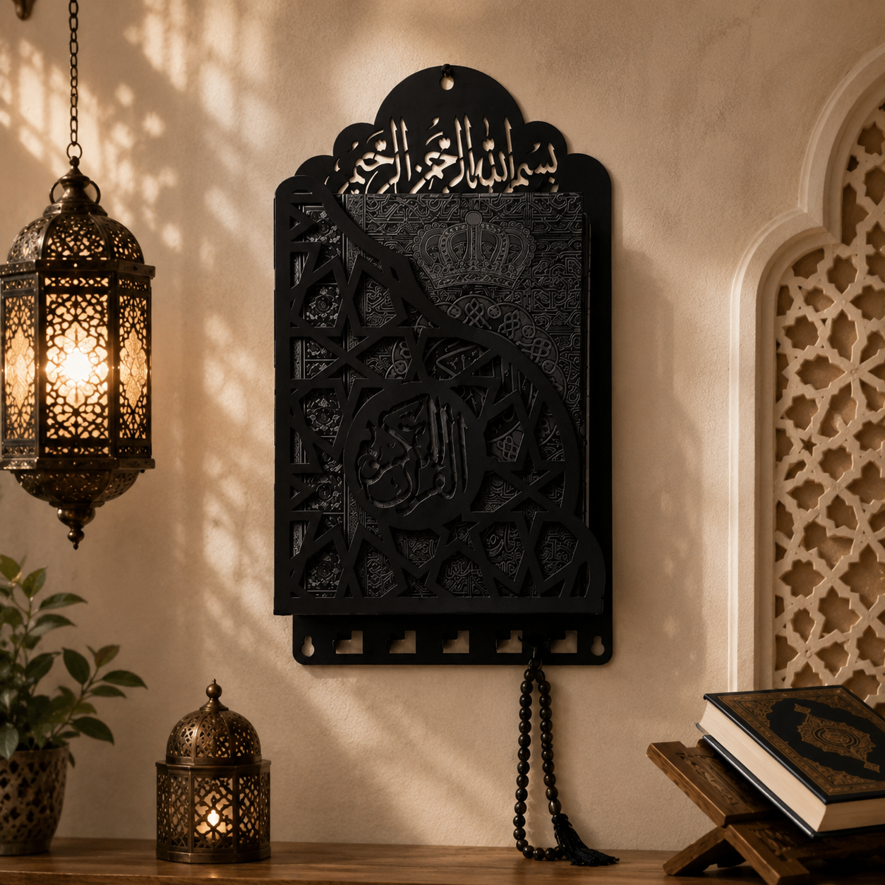 Premium Wall Mounted Metallic Quran Holder with Key Hooks | Islamic Wall Decor | Elegant Home Organizer